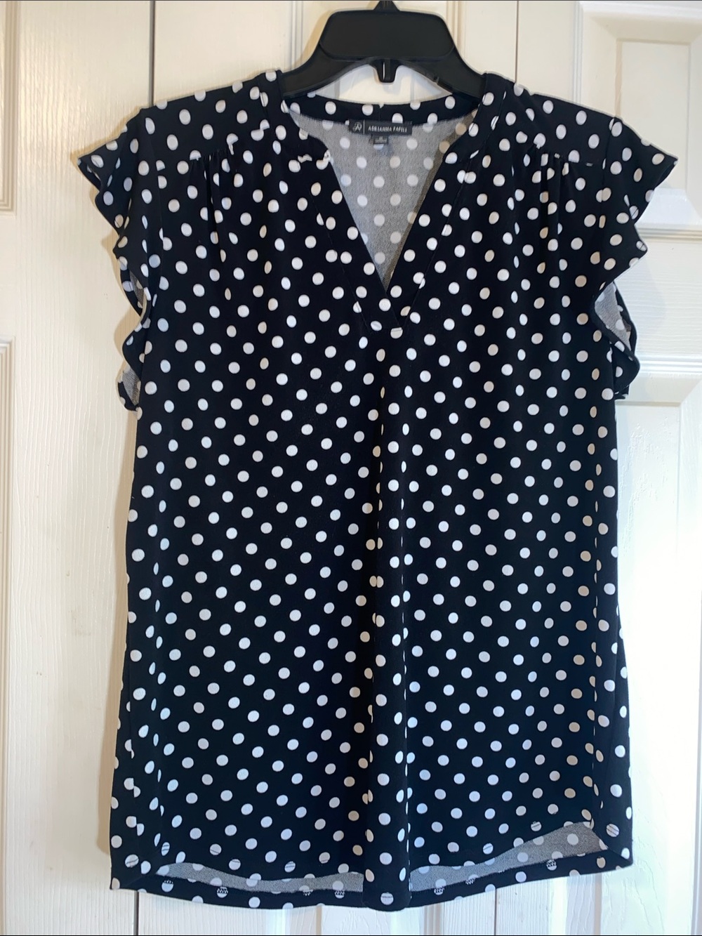 Adrianna Papell Black Polka Dot V-Neck Ruffle Sleeve Blouse